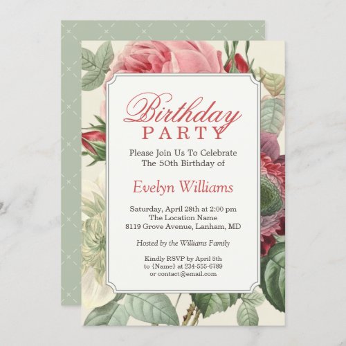 Vintage Botanical Floral Adult Birthday Party Invitation