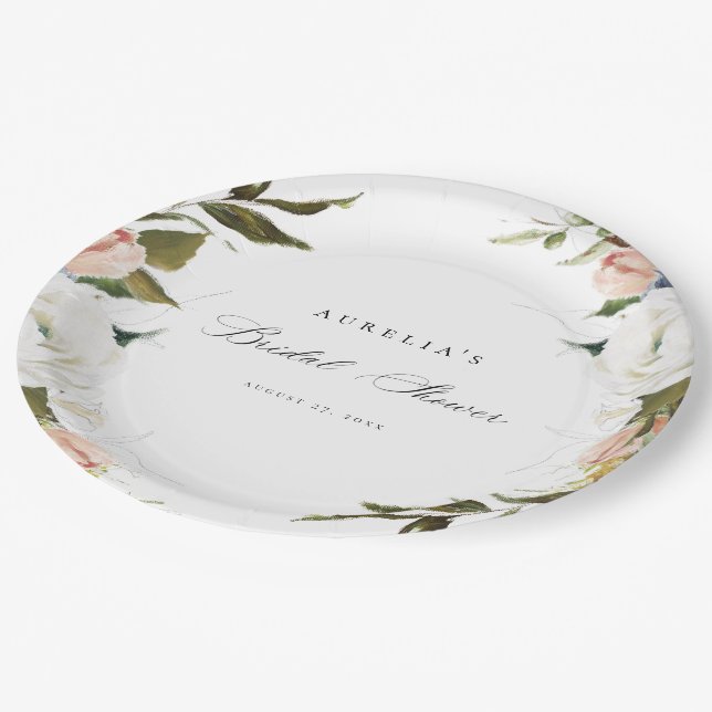 Vintage Botanical Floral Bridal Shower Paper Plates (Angled)