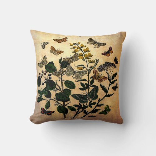 Vintage Botanical Floral Butterflies Rustic Aged Throw Pillow