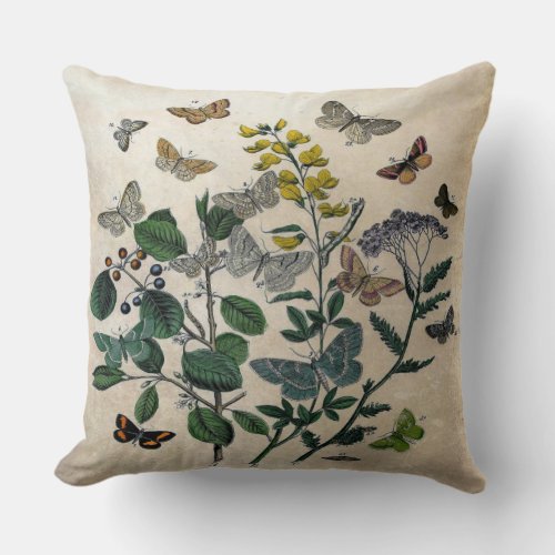 Vintage Botanical Floral Butterflies Rustic Beige Throw Pillow