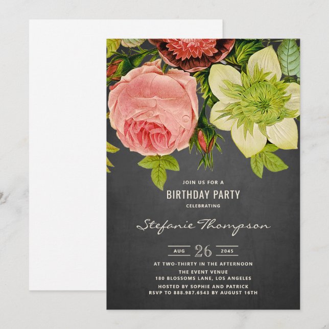 Vintage Botanical Floral Chalkboard Birthday Invitation (Front/Back)