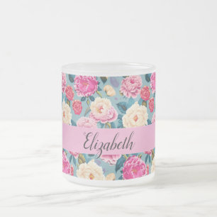Vintage botanical floral design frosted glass coffee mug