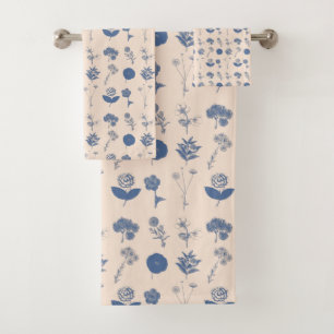 Vintage Botanical Floral Illustration Pattern Blue Bath Towel Set