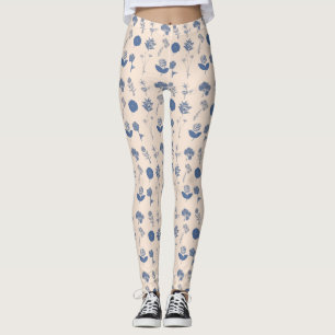 Vintage Botanical Floral Illustration Pattern Blue Leggings