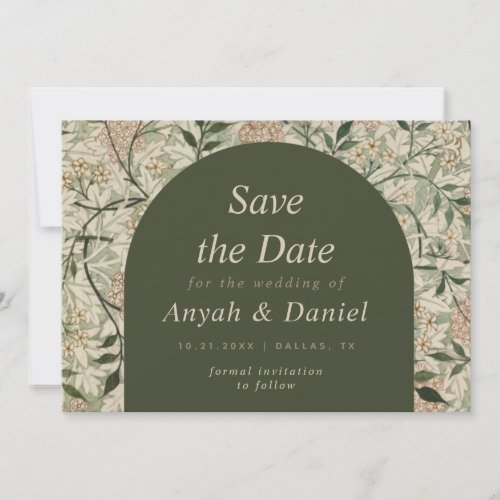 Vintage Botanical Floral  Moss Green Boho Arch Save The Date