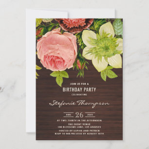 Vintage Botanical Floral Rustic Wood Birthday Invitation
