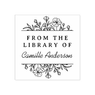 Vintage Botanical Floral Script Library Bookplate Rubber Stamp