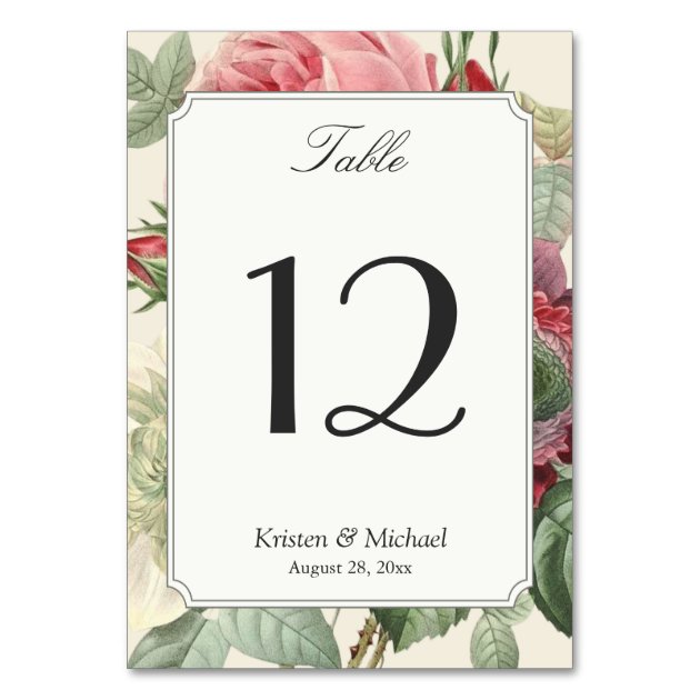 Vintage Botanical Floral Wedding Table Number Card