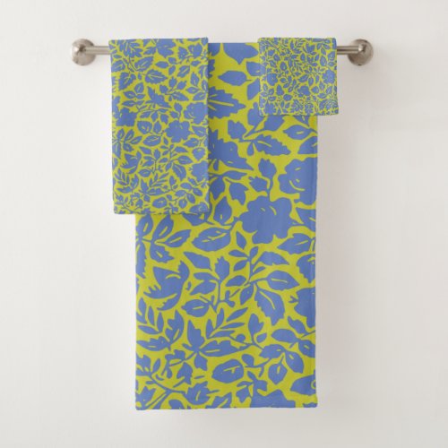 Vintage Botanical Flower Pattern in Lime and Blue  Bath Towel Set