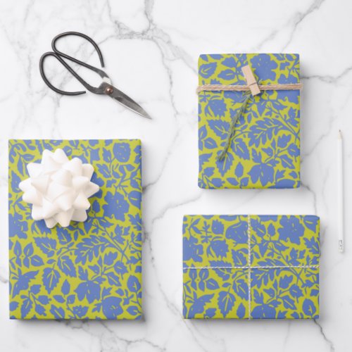 Vintage Botanical Flower Pattern in Lime and Blue Wrapping Paper Sheets