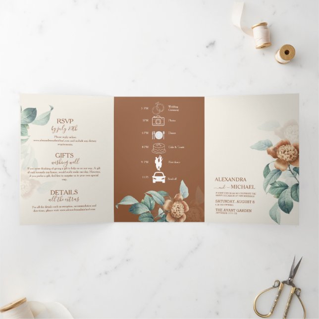 Vintage Botanical Flower Wedding Tri-Fold Invitation (Inside)