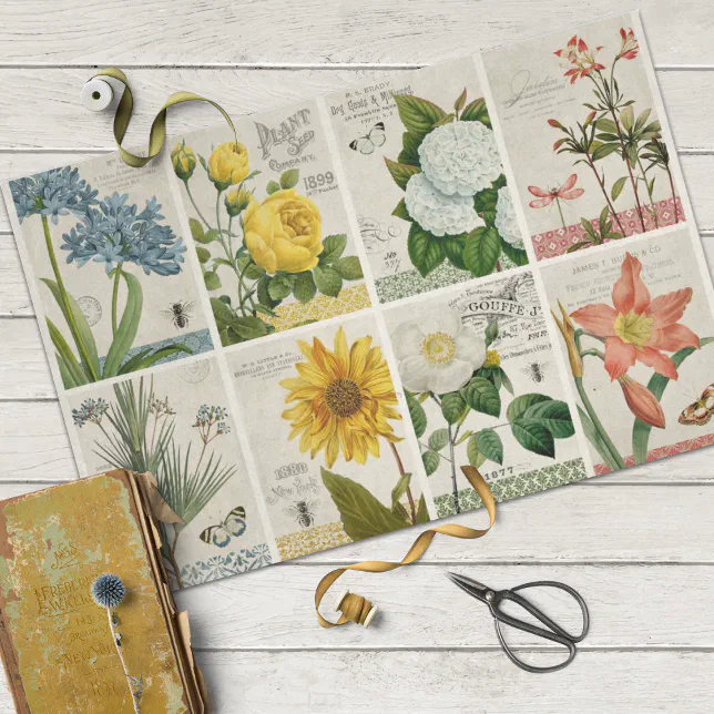 Vintage Botanical Flowers Decoupage Tissue Paper | Zazzle