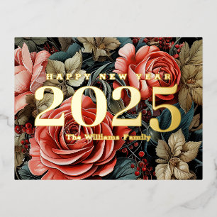 Vintage Botanical Flowers Happy New Year 2026 Gold Foil Holiday Postcard