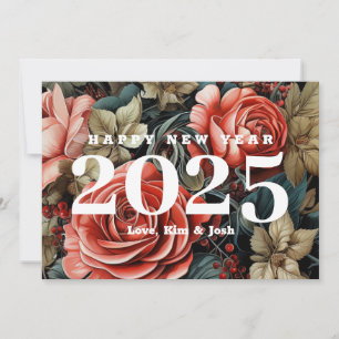 Vintage Botanical Flowers Happy New Year 2026 Holiday Card