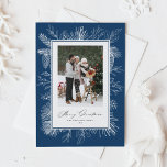 Vintage Botanical Frame Blue Merry Christmas Photo Holiday Postcard<br><div class="desc">Merry Christmas! Send Christmas greetings with this vintage theme holiday photo postcard. It features vintage line art of pinecones, pine needles and hollies with a navy blue background. Personalize by adding your photo, names, year and message. This vintage Christmas photo postcard is available in other colors. Matching items are available....</div>