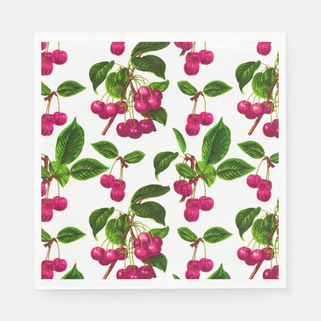 Vintage Botanical Fuchsia Pink Cherries Print Napkins (Front)