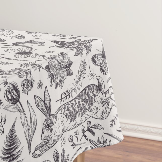 Vintage Botanical Garden Bunny Butterflies Easter Tablecloth (In Situ)