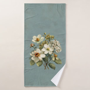 Vintage Botanical Garden Ivory Floral Sage Bath To Towel