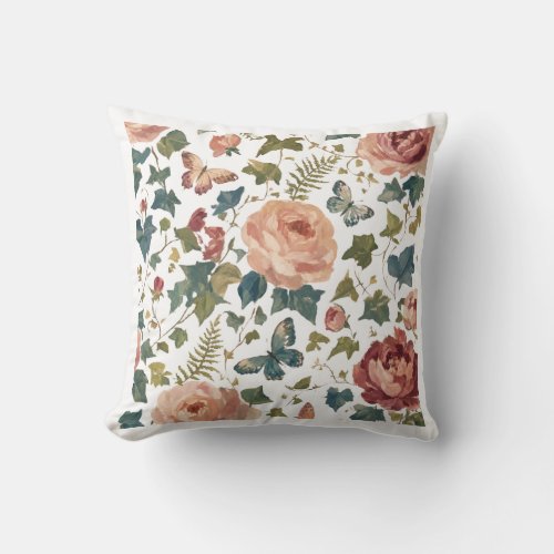 Vintage Botanical Garden Roses & Butterflies Throw Pillow