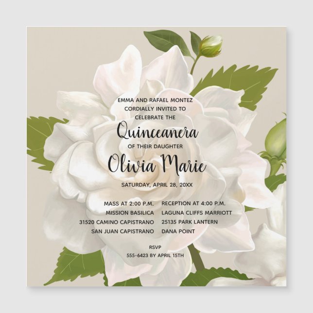 Vintage Botanical Gardenia Floral Quinceañera (Front)