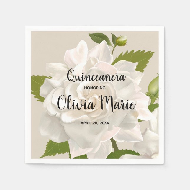 Vintage Botanical Gardenia Floral Quinceañera Napkins (Front)
