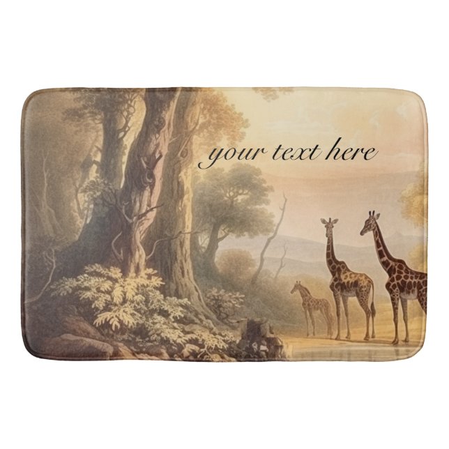 Vintage botanical giraffes, customizable  bath mat (Front)