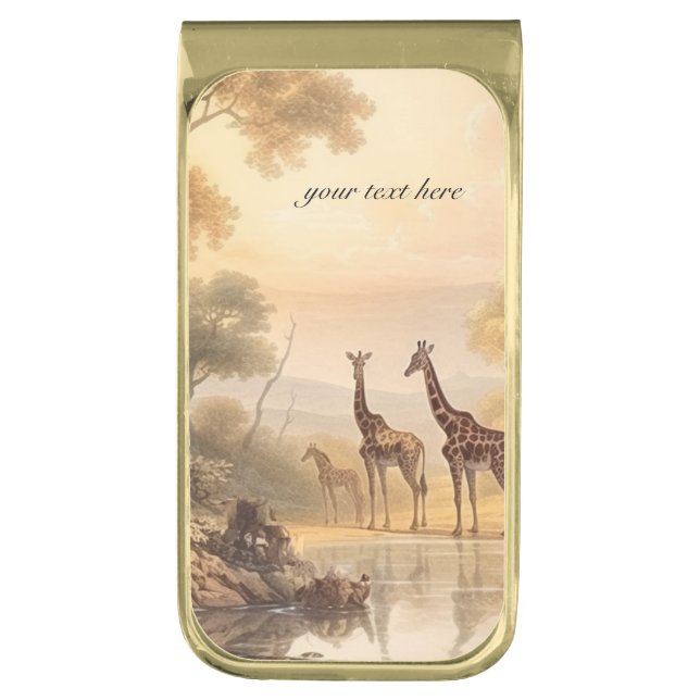 Vintage botanical giraffes, customizable  gold finish money clip (Front Vertical)