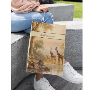 Vintage botanical giraffes, customizable medium gift bag