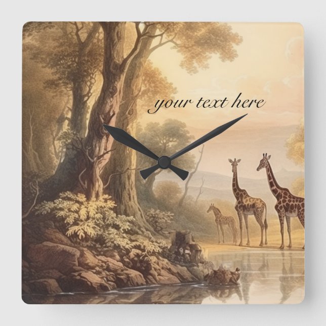 Vintage botanical giraffes, customizable  square wall clock (Front)