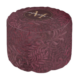 Vintage Botanical Gold Monogrammed Maroon Pouf