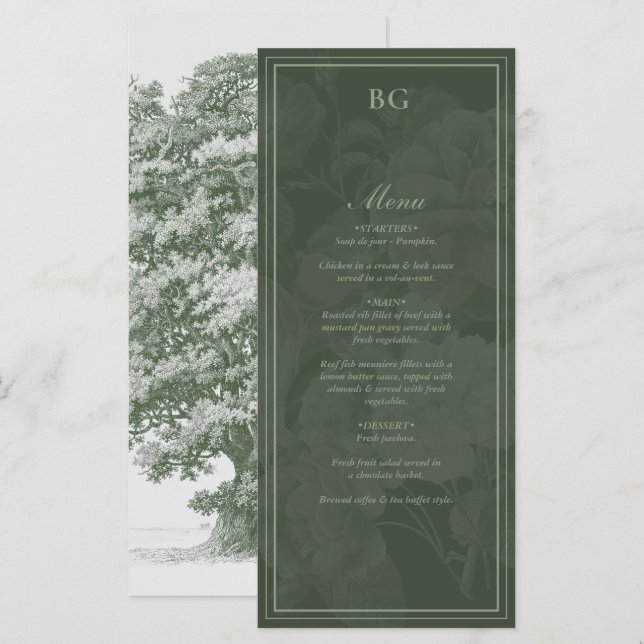 Vintage Botanical Green Garden Party Wedding Theme Menu (Front/Back)