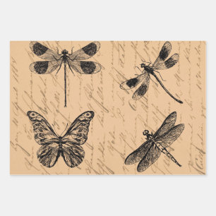 Vintage Botanical Grunge Butterfly Dragonfly Wrapping Paper Sheets