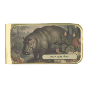 Vintage Botanical Hippo, customizable Gold Finish Money Clip