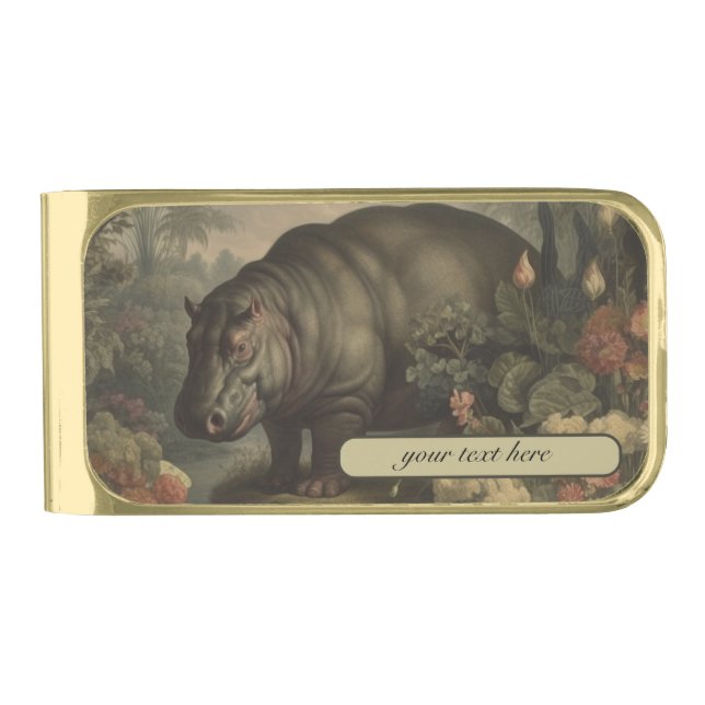 Vintage Botanical Hippo, customizable  Gold Finish Money Clip (Front)