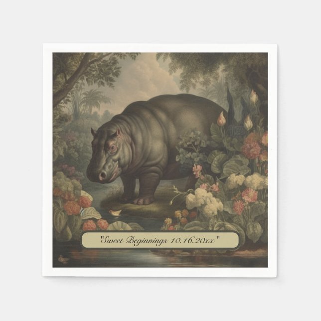 Vintage Botanical Hippo, customizable  Napkins (Front)