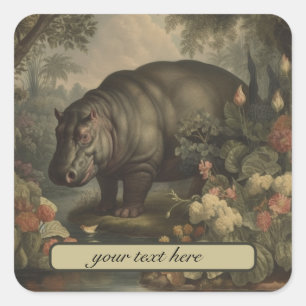 Vintage Botanical Hippo, customizable Square Sticker