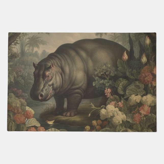 Vintage Botanical Hippo  Doormat (Front)