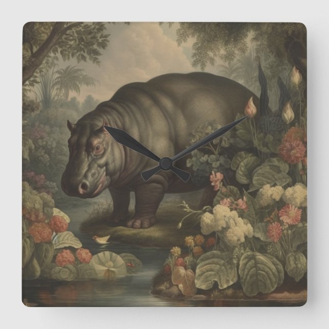 Vintage Botanical Hippo  Square Wall Clock (Front)