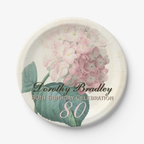 Vintage Botanical Hydrangea 80th Birthday Party PP Paper Plates