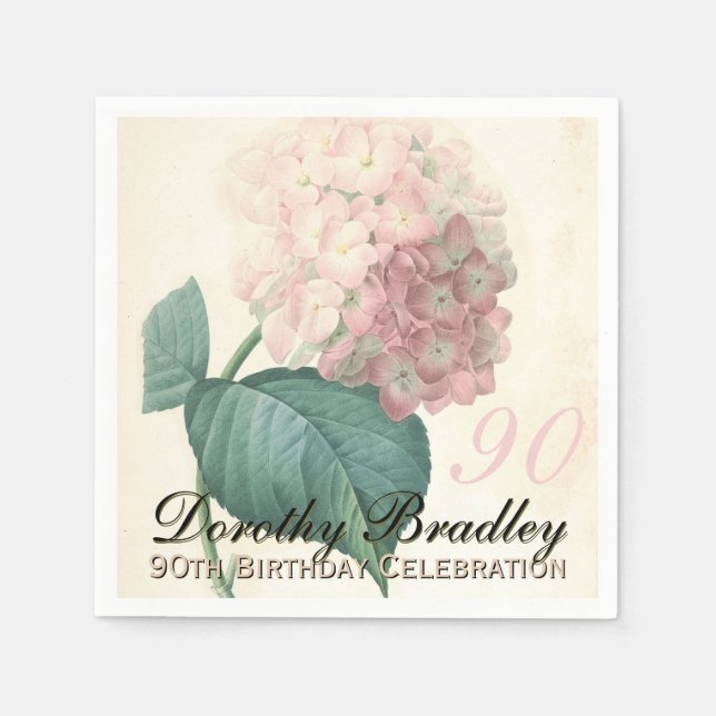 Vintage Botanical Hydrangea 90th Birthday Party PN Napkins (Front)