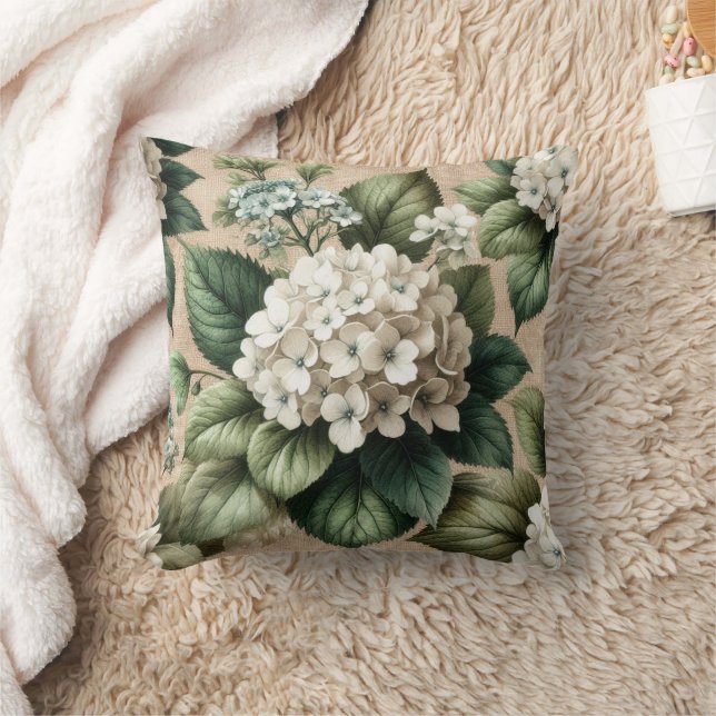 Vintage Botanical Hydrangea  Throw Pillow (Blanket)