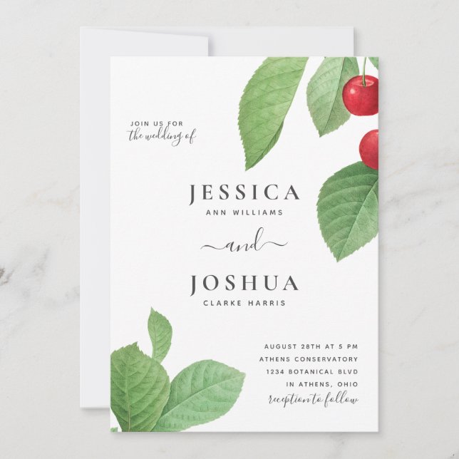 Vintage Botanical Illustration Cherries Wedding Invitation (Front)