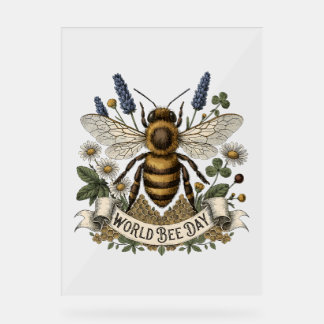Vintage Botanical Illustration for World Bee Day w Acrylic Sign