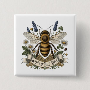 Vintage Botanical Illustration for World Bee Day w Button