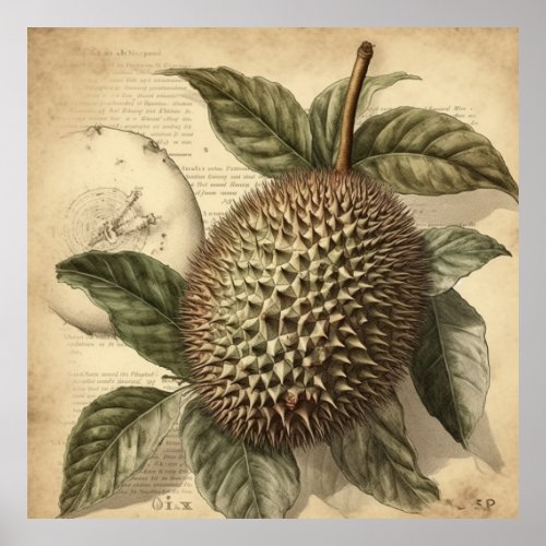 vintage botanical illustration of a durian fruit poster