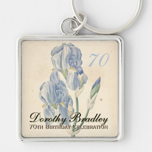 Vintage Botanical Irises 70th Birthday name MSqK Keychain