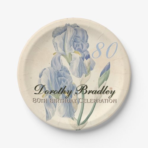 Vintage Botanical Irises 80th Birthday Party PP Paper Plates