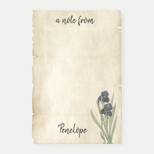 Vintage Botanical Irises on Parchment with Name Post_it Notes