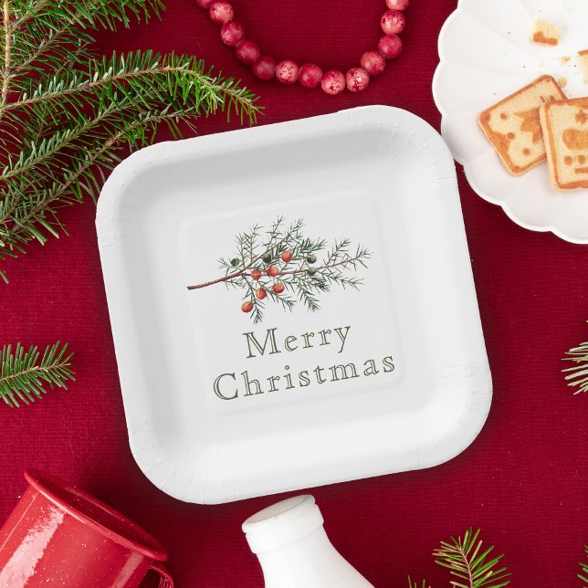  Vintage Botanical Juniper Christmas Greenery Paper Plates (Creator Uploaded)