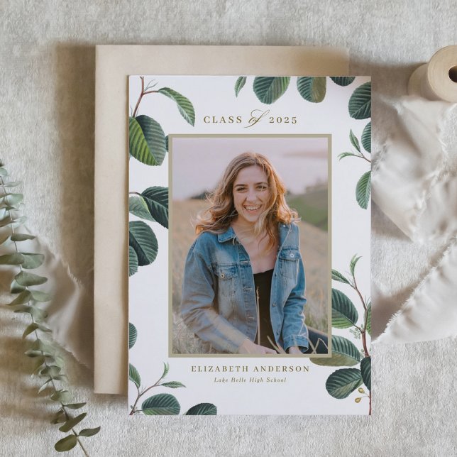 Vintage Botanical Leaves Beige Photo Graduation Announcement (Customizable botanical photo graduation announcement featuring watercolor greenery and script.)